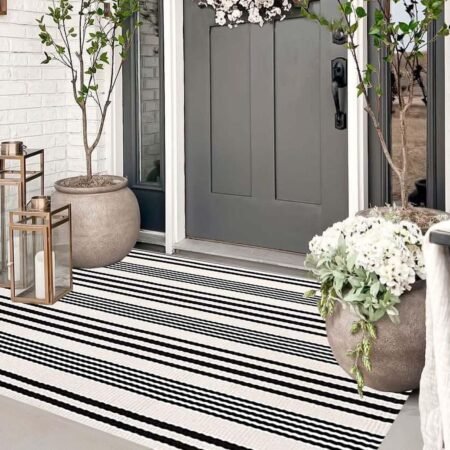 Black and White Outdoor Rug 3'x 5' Front Porch Rug Cotton Hand-Woven Striped Rug Machine Washable Indoor/Outdoor Area Rug Front Door Floor Mat for Farmhouse/Layered Door Mats/Living Room/Entryway