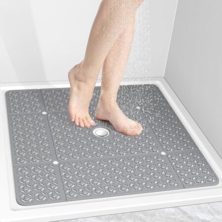 Square Shower Mat, 27"x 27" Extra Large Shower Mats for Inside Shower, TPE Anti Slip Shower Mat with Suction Cups Drain Holes, Machine Washable Shower Floor Mat (Grey)