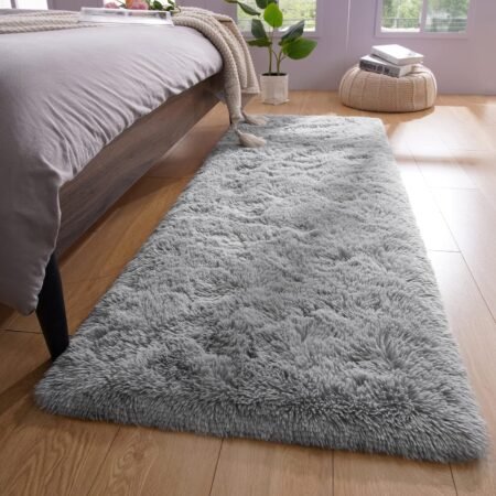 Shag Runner Rug Non Slip for Bedroom Living Room Soft Small Rug for Dorm, 2x6 Feet Grey Plush Carpet Runner for Nursery Dorm, Fuzzy Bedside Rug for Kids Boys Girls Room Home Decor