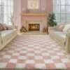 Checkered Rug 8x10 for Living Room, Pink and White Modern Shag Rug Washable Non-Slip Large Area Rug Super Soft Indoor Fuzzy Carpet Fluffy Rugs for Bedroom Home Aesthetic Decor