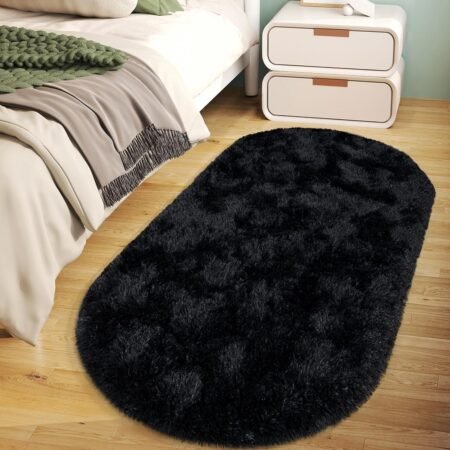 Soft Fluffy Area Rug for Bedroom, Black Fuzzy gy Oval Throw Rugs for Bedside, Non-Slip Cozy Plush  Carpet for Kids Room Nursery Dorm Living Room, 2.6 x 5.3 Feet