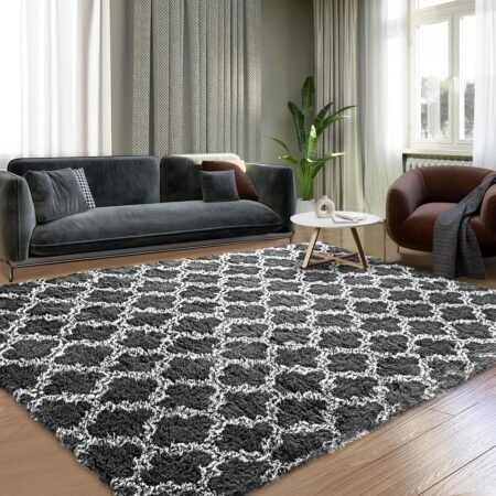 Plush Area Rug 4x6 Feet High Pile Rugs for Living Room, Ultra Soft Indoor Carpet for Bedroom, Playroom, Playroom, Home Decor, Geometric, Dark Grey/White