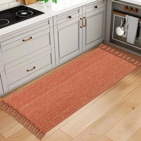 Kitchen Runner Rug, 2' x 4.3' Hand-Woven Reversible Washable Bathroom Rug with Tassels, Terracotta Cotton Braided Boho Farmhouse Rug Hallway Throw Carpet for Foyer Bedroom Entry Back Door Fall Decor