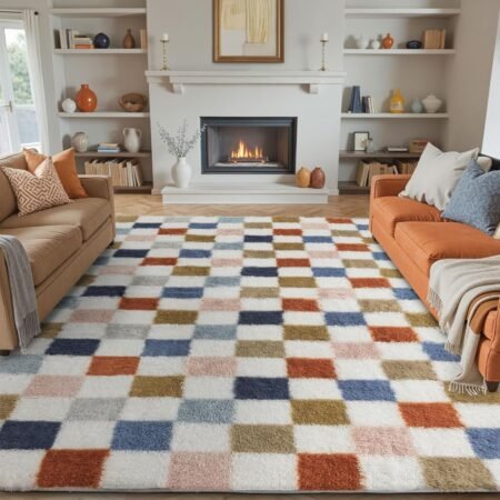 Checkered Rug 6x9 for Living Room, Modern Rainbown Shag Rug Washable Non-Slip Large Area Rug Super Soft Indoor Fuzzy Carpet Fluffy Rugs for Bedroom Home Aesthetic Decor