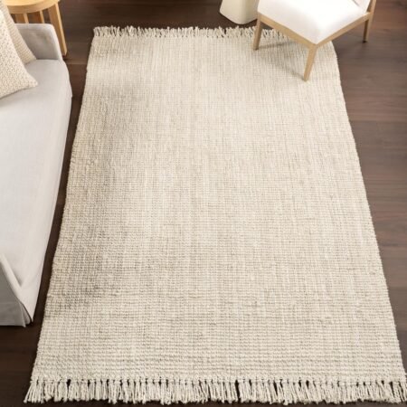 2x3  Jute Tassel Hand Woven Area Rug, Off White, Solid Chunky Farmhouse Design, Natural Fiber, For Bedroom, Dining Room, Living Room, Hallway, Office, Entryway