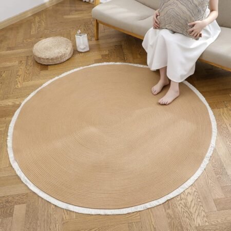 Boho Tassel Tan 60" Round Washable Chic Bohemian Indoor Hand Woven Cotton Cord Circle Carpet for Living Room Soft Area Rugs,Large 5' Round