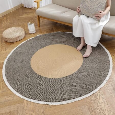Boho Tassel Tan Black 60" Round Washable Chic Bohemian Indoor Hand Woven Cotton Cord Circle Carpet for Living Room Soft Area Rugs,Large Size 5' Round