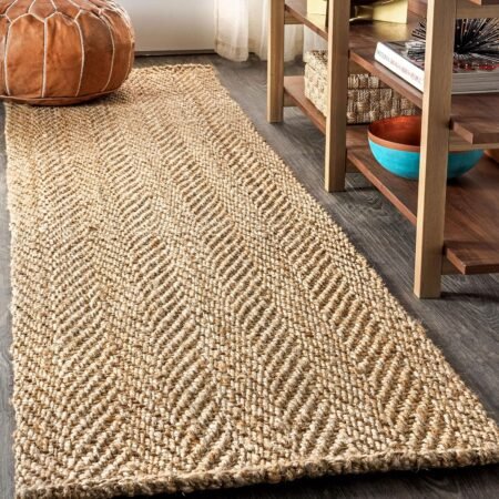 Hand Woven Herringbone Chunky Jute Indoor Area -Rug Bohemian Farmhouse Easy -Cleaning Bedroom Kitchen Living Room Non Shedding, 2 X 8, Natural Color