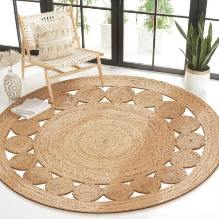 Hand Woven Jute Braided Dot Rug, 3' Round - Natural, Reversible Area Rugs for Living Room, Farmhouse, Kitchen, Handcrafted 3 Feet Round Area Rugs - Natural