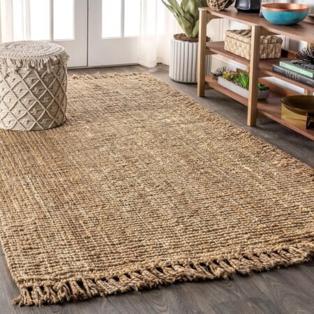 Hand Woven Chunky Jute with Fringe Indoor Area -Rug Bohemian Farmhouse Easy -Cleaning Bedroom Kitchen Living Room Non Shedding, 8 ft x 10 ft, Natural Color