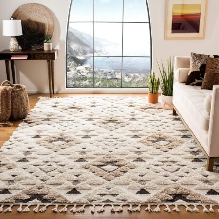 Moroccan Tassel Shag  Area Rug - 8' x 10', Ivory & Brown, Boho Design, Non-Shedding & Easy Care, 2-inch Thick Ideal for High Traffic Areas in Living Room, Bedroom