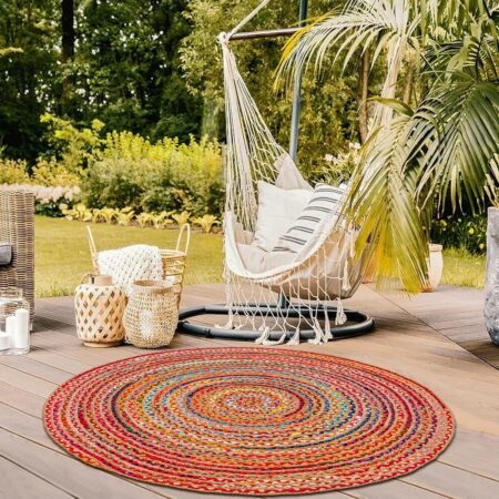 Bohemian Braided Rug 4' Round - Multi Color, Circle Farmhouse Jute Cotton Area Rag Rug for Kitchen, Kids Bedroom, Playroom | Colorful Hand Woven Reversible Pet Friendly Carpet